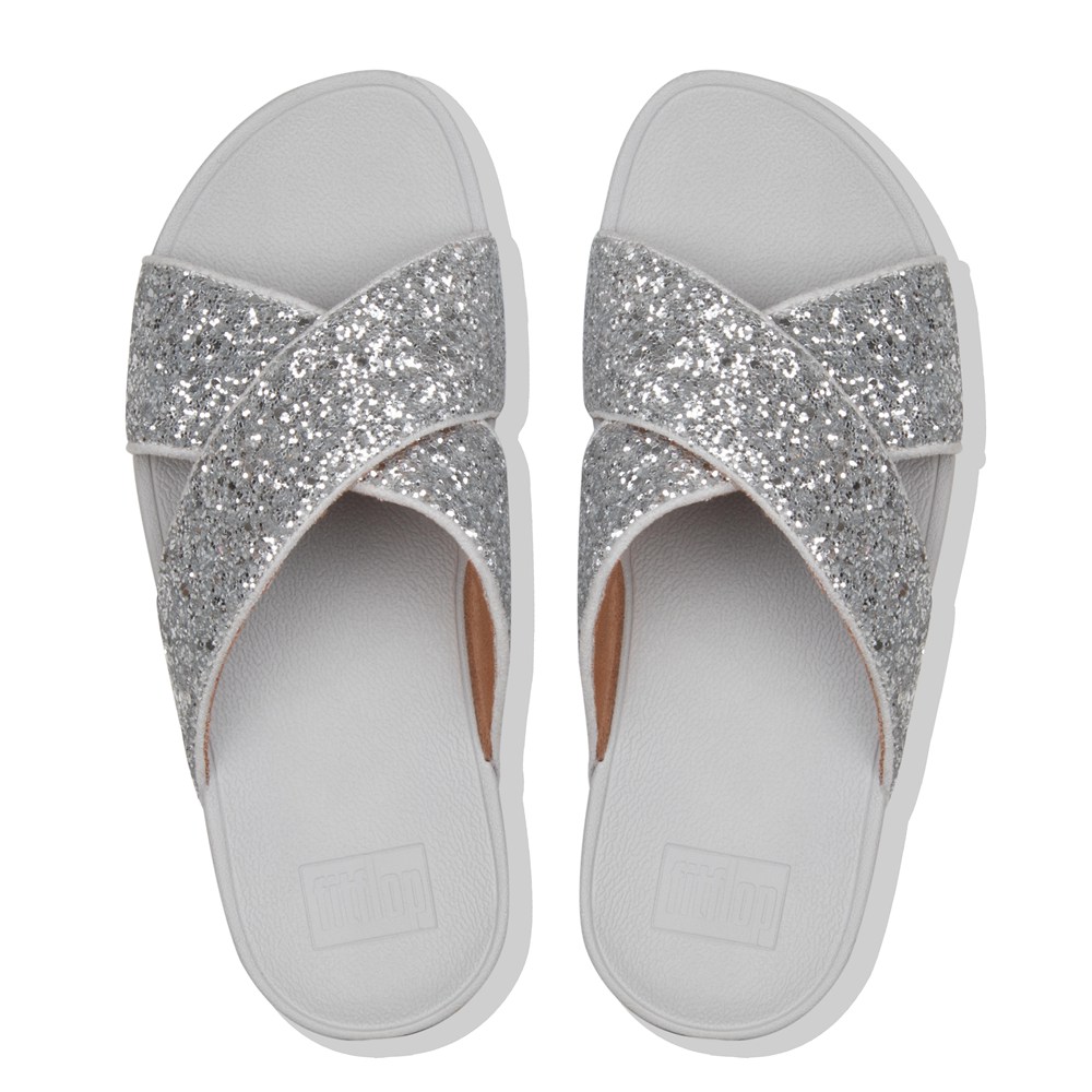 Fitflop Womens Slides - Lulu Glitter Cross - Silver - 397-NUFVPI